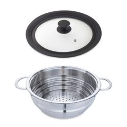 Lot Panier Vapeur Multidiamètre 20, 22, 24 Cm Et Couvercle En Verre Multidiamètre